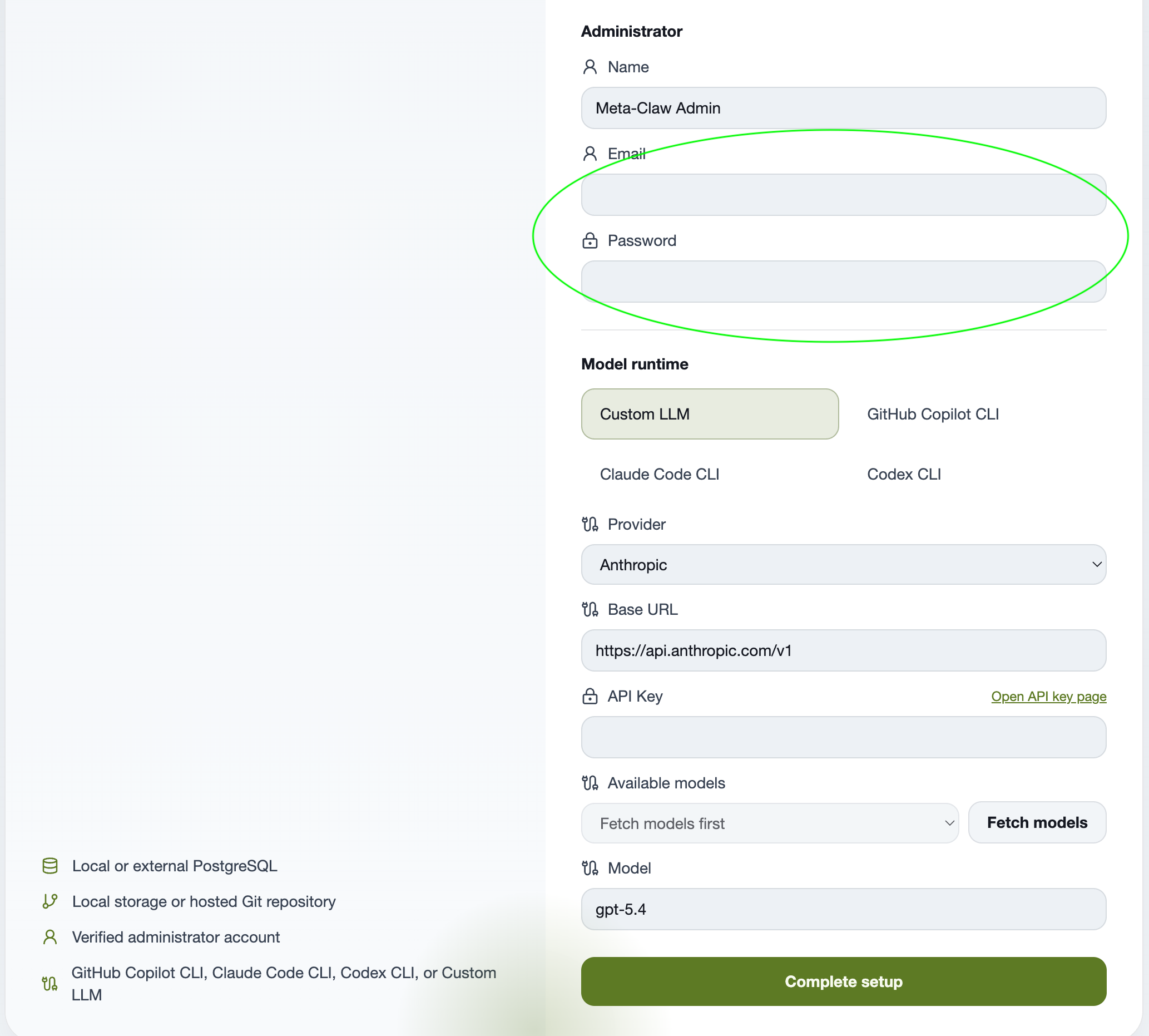 Meta-Claw setup page with the Administrator email and password fields highlighted