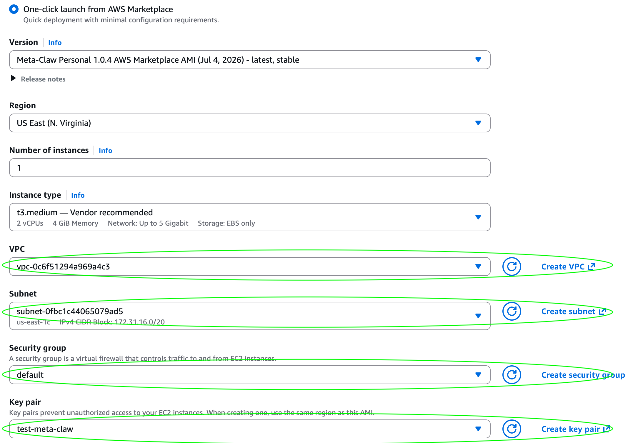 AWS Marketplace launch configuration page showing VPC, subnet, security group, and key pair defaults