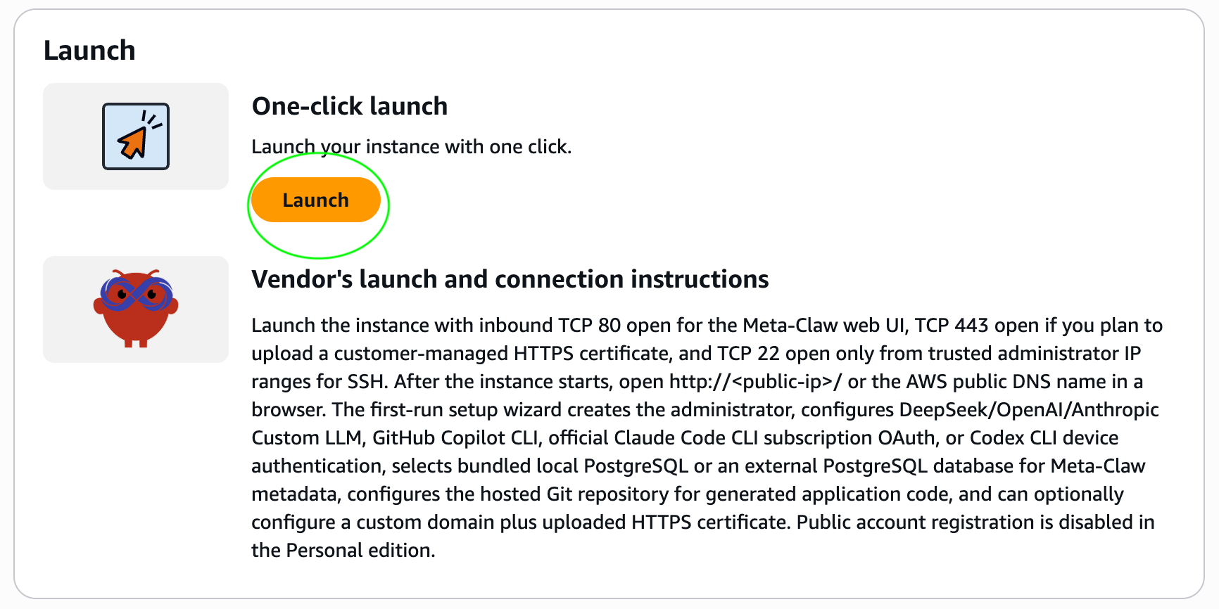 AWS Marketplace launch confirmation page showing the Meta-Claw service launch state