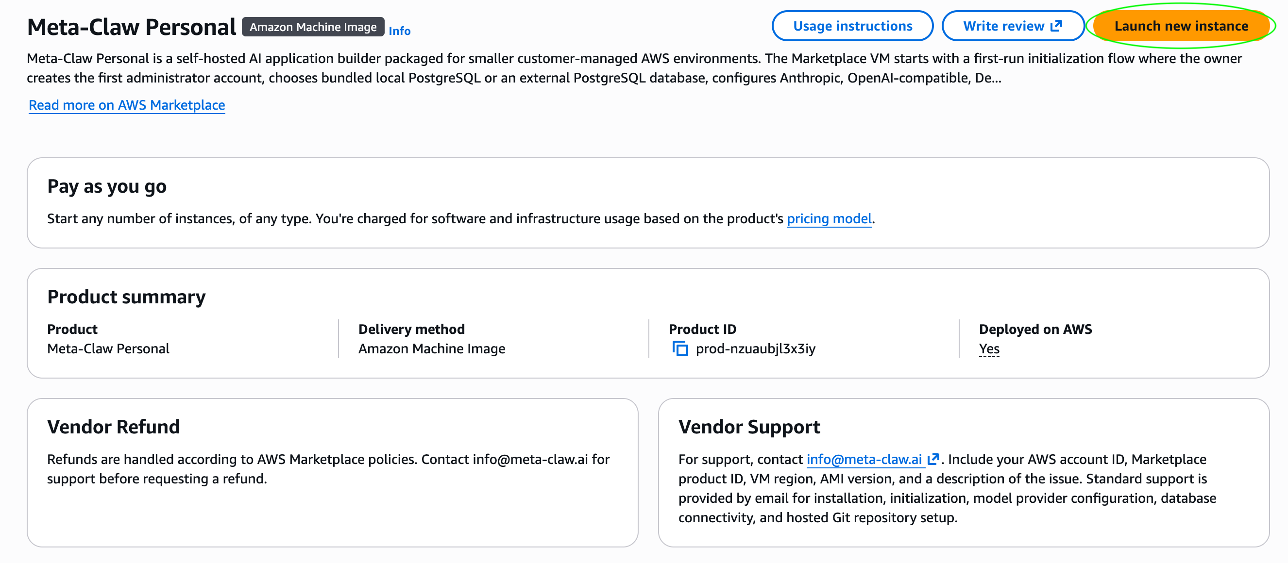 AWS Marketplace page for Meta-Claw Personal after purchase