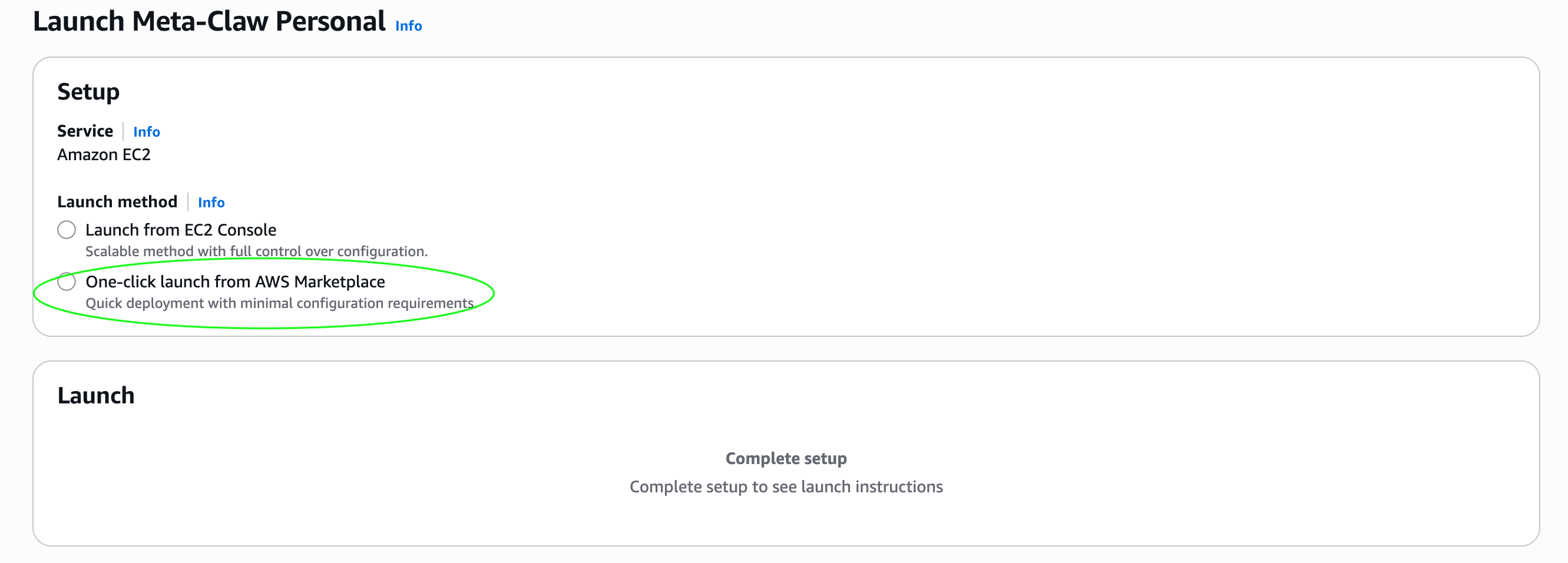 AWS Marketplace launch setup page with One-click launch selected