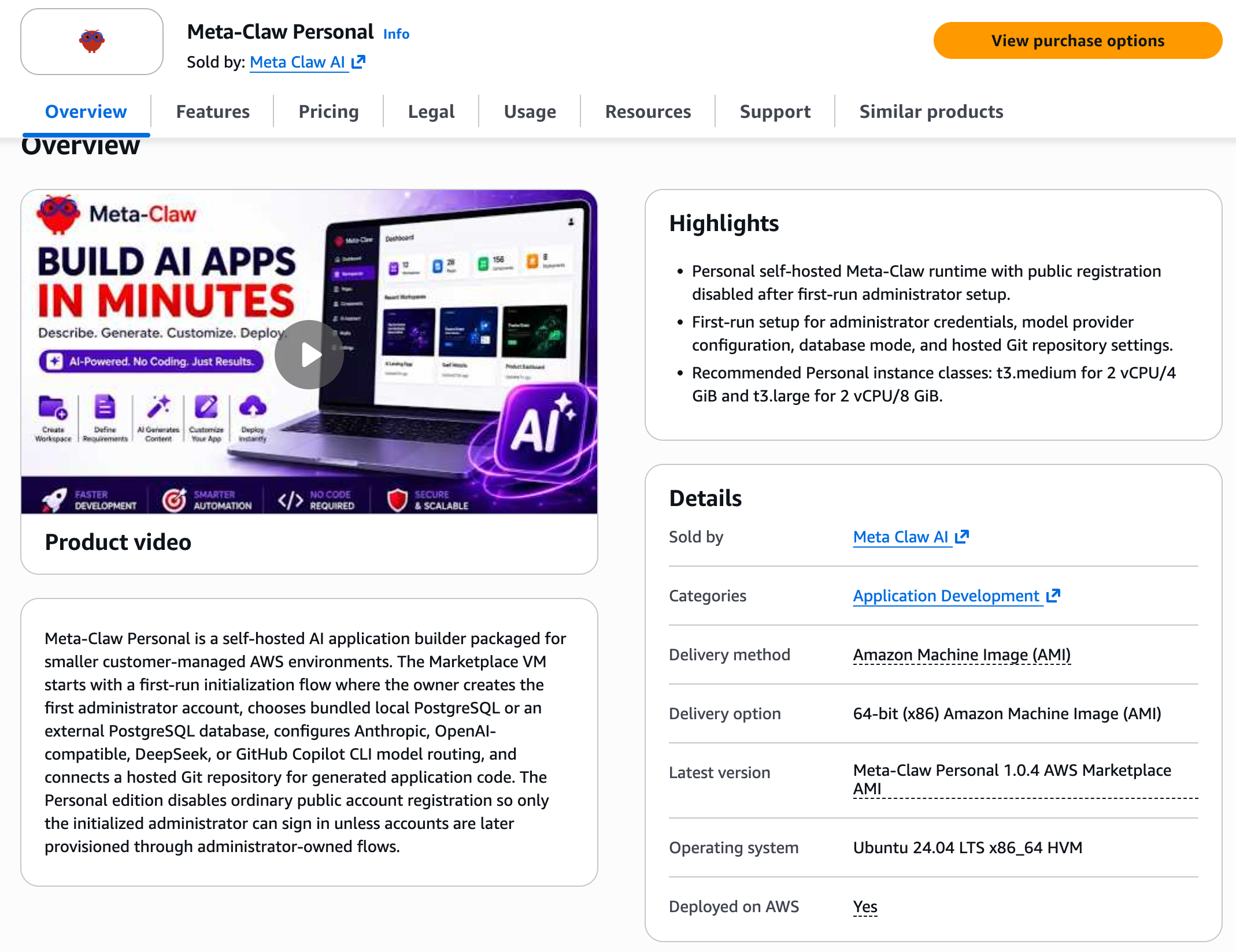 AWS Marketplace page for Meta-Claw Personal with purchase options