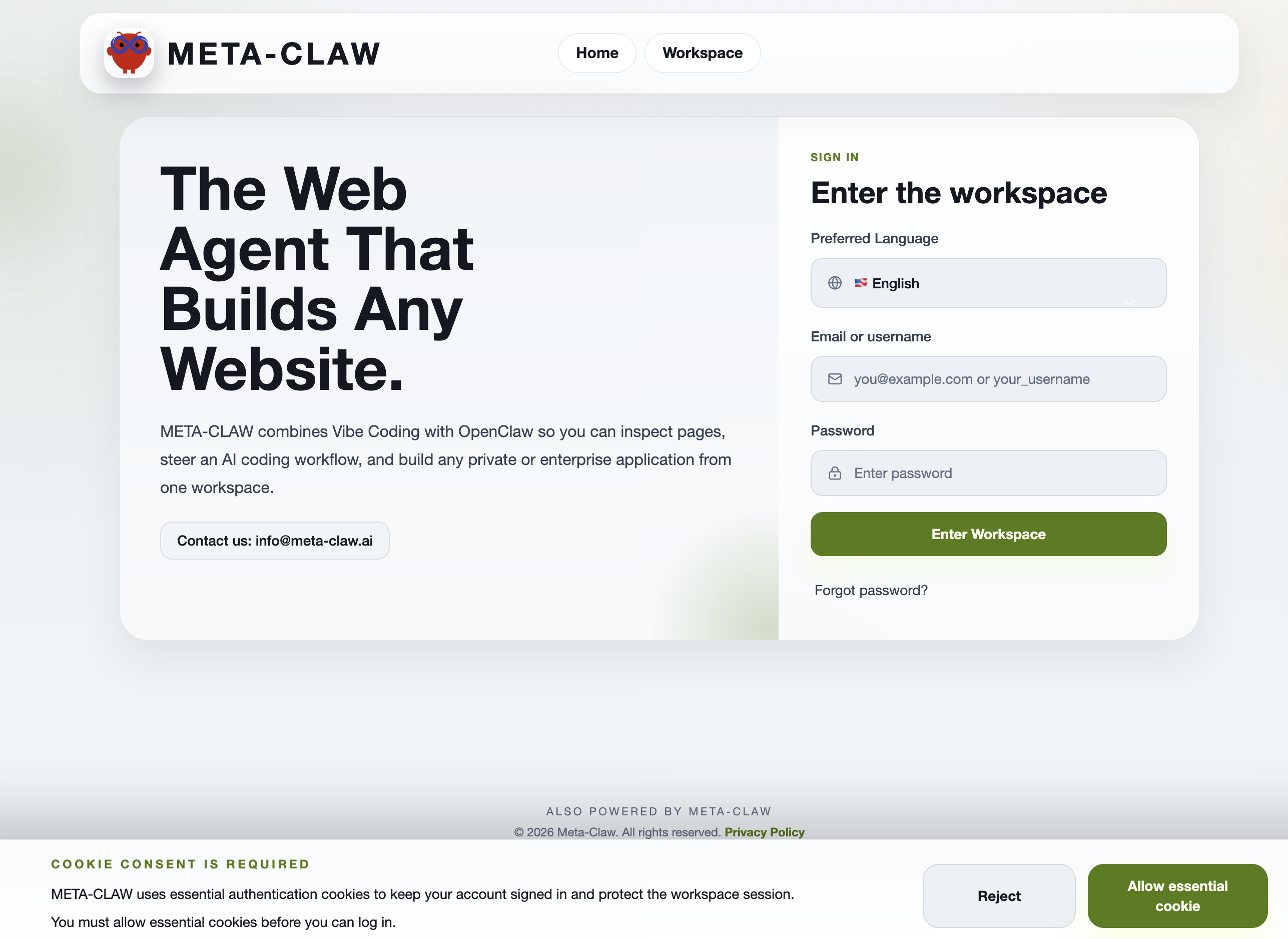 Meta-Claw login page with cookie consent prompt